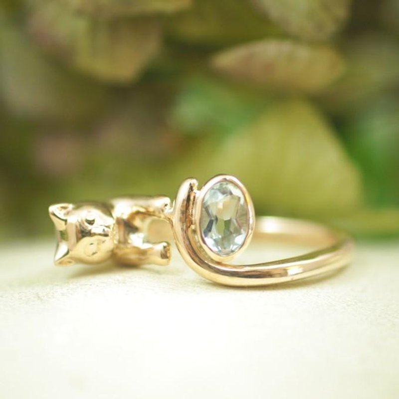 A gold cat ring with jewelry (Aquamarine 0.360 ct) - 戒指 - 其他金属 金色