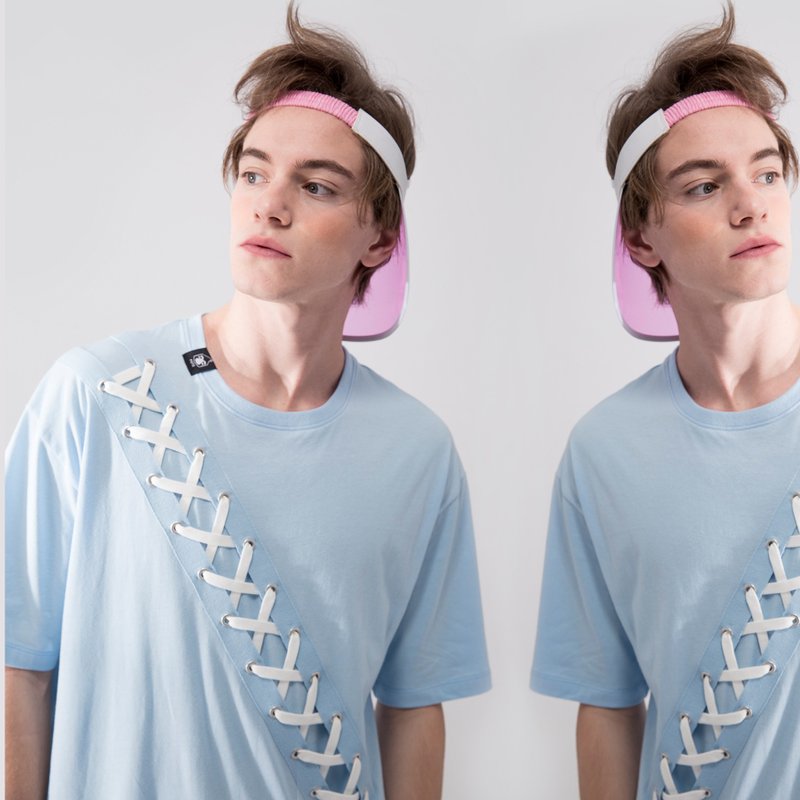 【中性款】 衣身绑带短袖t-shirt / 浅蓝色 - 男装上衣/T 恤 - 棉．麻 蓝色