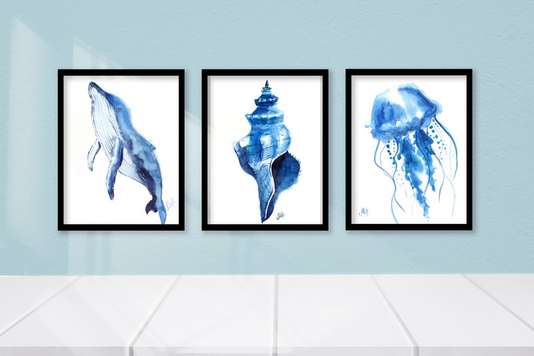Blue Abstract Nautical Wall Art Set Of 3 Original Paintings Seashell Watercolor - 海报/装饰画/版画 - 其他材质 蓝色