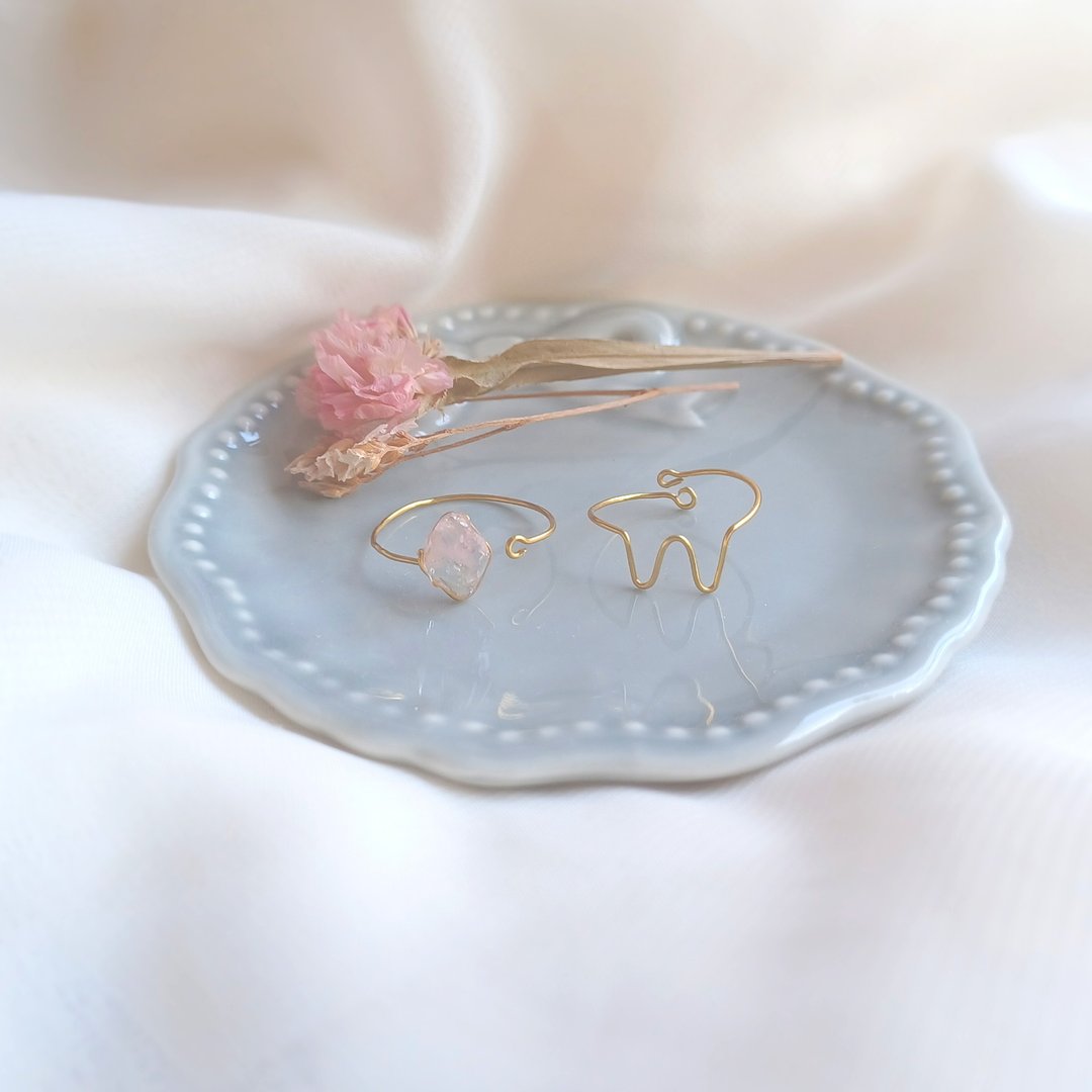 Simple wire ring set of natural stone NO.03 (Rose Quartz Free Size) - 戒指 - 石头 粉红色