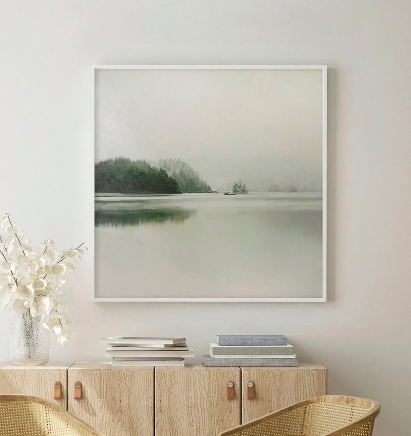 风景画 | 中性河流画 | 河流森林画 | 河雾 4 - 墙贴/壁贴 - 棉．麻 绿色