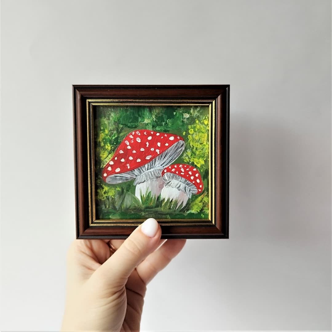 Mushrooms original painting / Mushroom painting / Fly Agaric wall decor - 墙贴/壁贴 - 压克力 多色