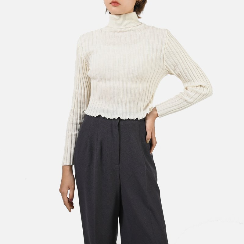 【蛋植物古着】雪国印象荷叶改制螺纹古着上衣 - 女装上衣 - 其他人造纤维 白色