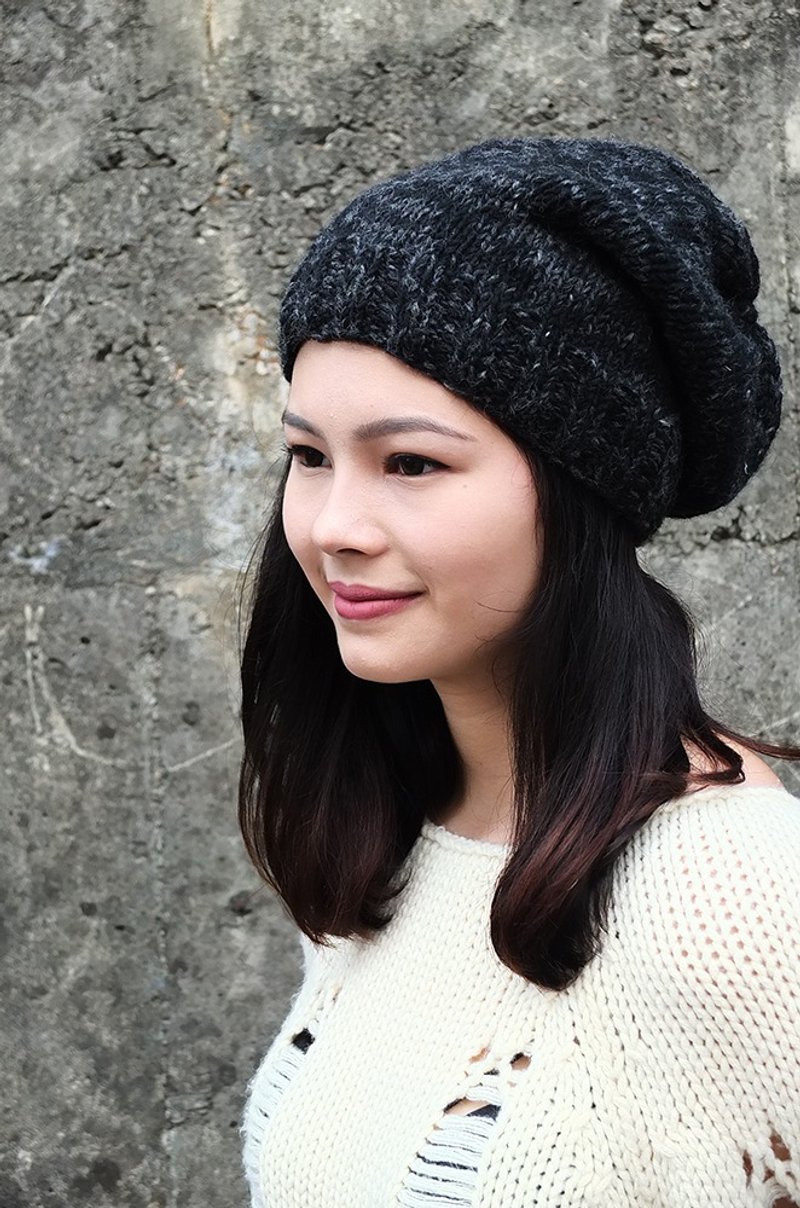 羊毛 手工编织 毛帽 素色 灰黑 / 白 / 渐层 - 帽子 - 羊毛 灰色