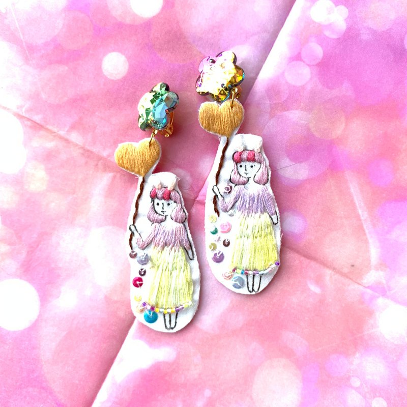 兔子耳汽球小人兒手繪刺繡耳環耳夾 - 耳环/耳夹 - 绣线 粉红色