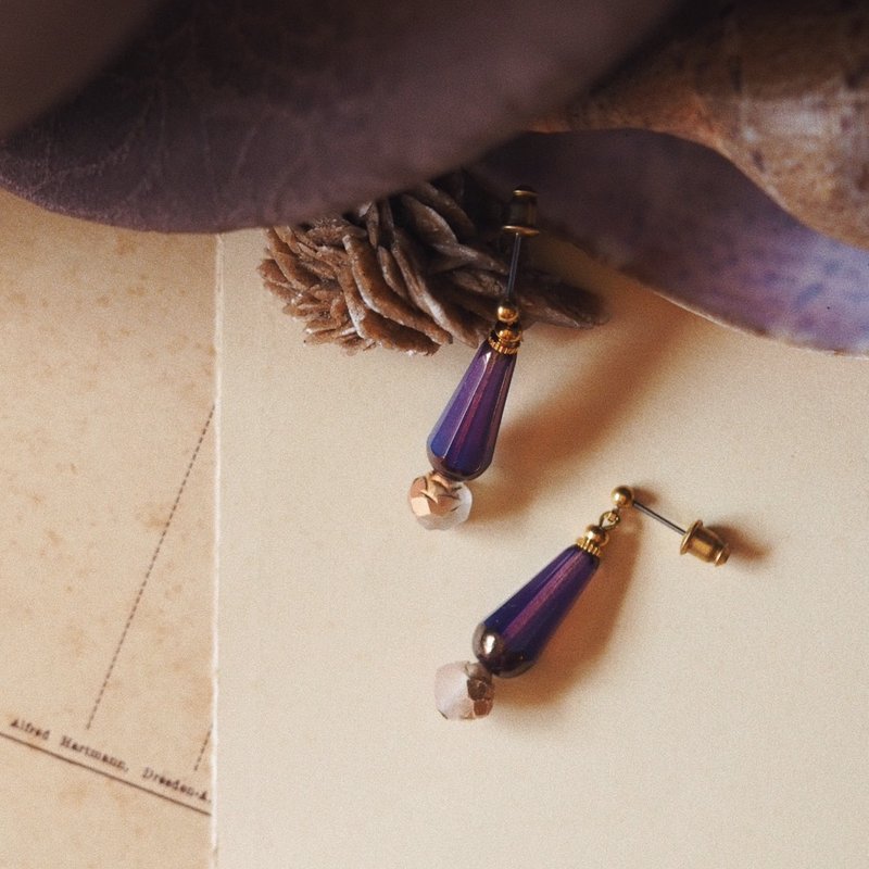 【限量】蔷薇渐层 捷克玻璃珠耳环 - 耳环/耳夹 - 铜/黄铜 紫色