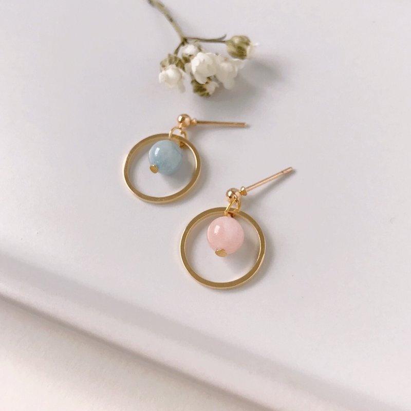 忽冷忽热 粉蓝摩根石 手工耳环 夹式耳环 - 耳环/耳夹 - 其他金属 粉红色