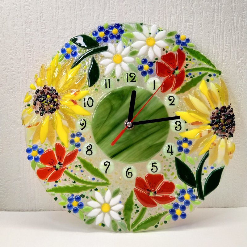 Wall fused glass clock with flowers - Summer theme fused modern clock - 时钟/闹钟 - 玻璃 多色