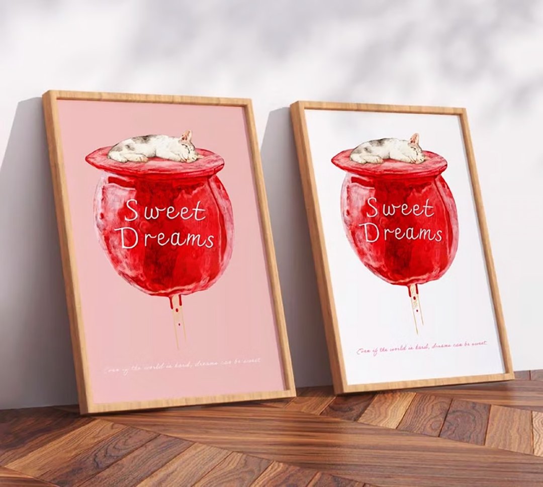 SWEET DREAMS_猫与苹果糖 / 原创海报 / A4 或 A3 尺寸 - 海报/装饰画/版画 - 塑料 白色