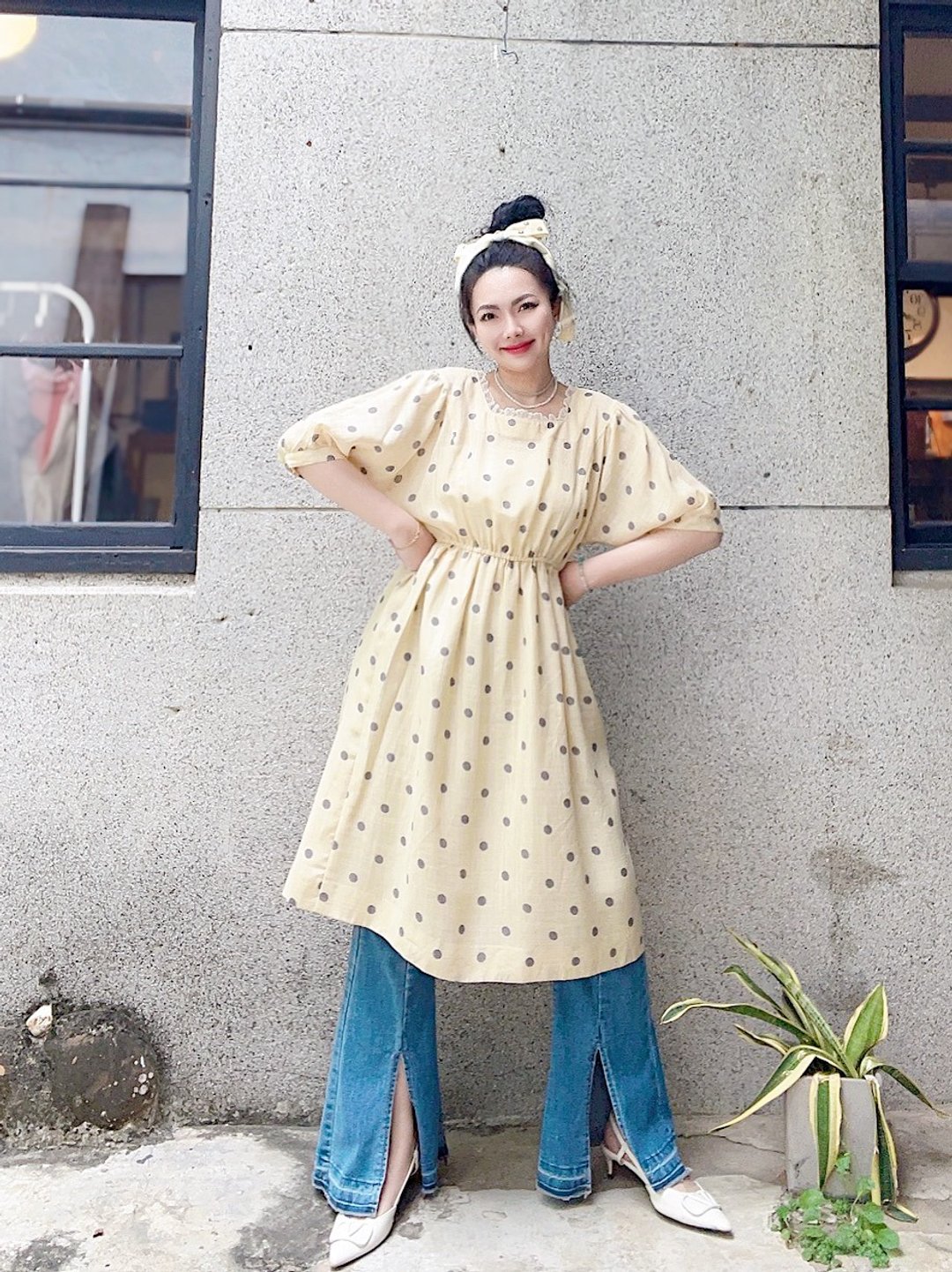 鹅黄色灰圆点巴洛克蕾丝领澎袖 长裙洋装连身裙古着ドレスDress - 洋装/连衣裙 - 聚酯纤维 多色