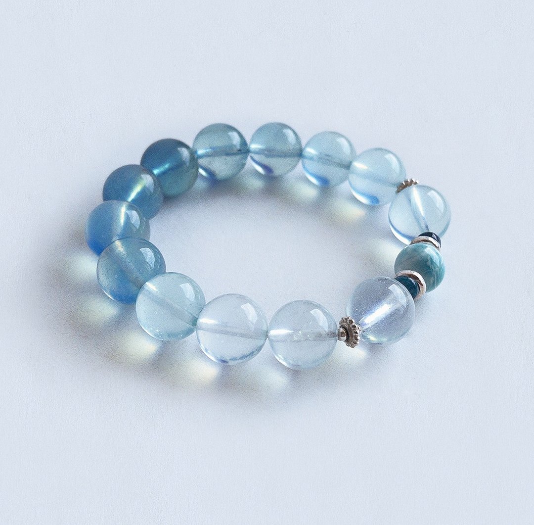 客订 宝石系 天然矿石baby blue海蓝宝11.2 mm海纹石 925纯银手链 - 手链/手环 - 宝石 蓝色