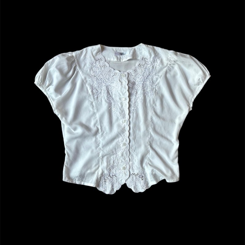 日本古着刺绣镂空短袖衬衫 - 女装衬衫 - 聚酯纤维 白色