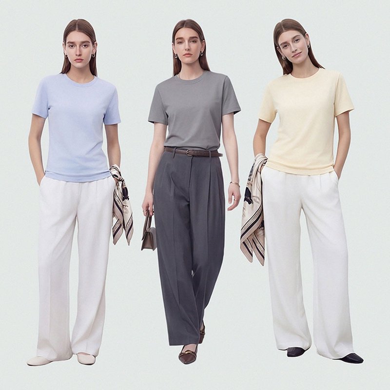 復古莫代爾桑蠶絲圓領T恤 / 垂感顯瘦遮肉打底 / 細膩親膚短袖款 - 女装上衣 - 丝．绢 多色