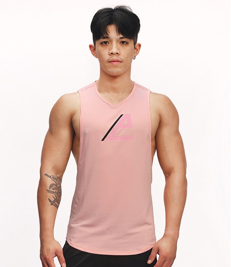 (3色)超弹透气 能量泉源 圆弧下摆 侧挖 凉感机能运动背心-淡粉色 - 男装背心 - 聚酯纤维 粉红色