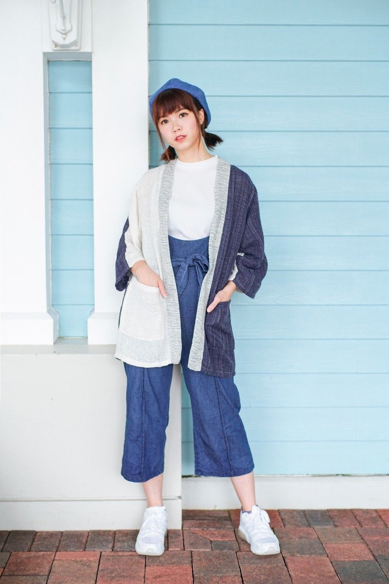 富士山・手摇线和风外套  【 情人节 生日 】 - 女装上衣 - 棉．麻 蓝色