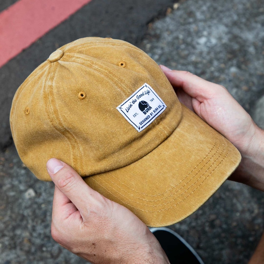 经典BURA织标 暖黄色复古老帽 Classic BURA Label Vintage Cap - 帽子 - 棉 黄色