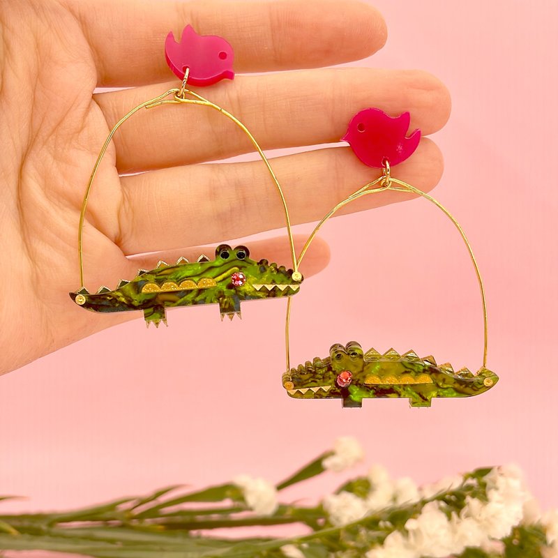 鳄鱼耳环 - 耳环/耳夹 - 压克力 绿色