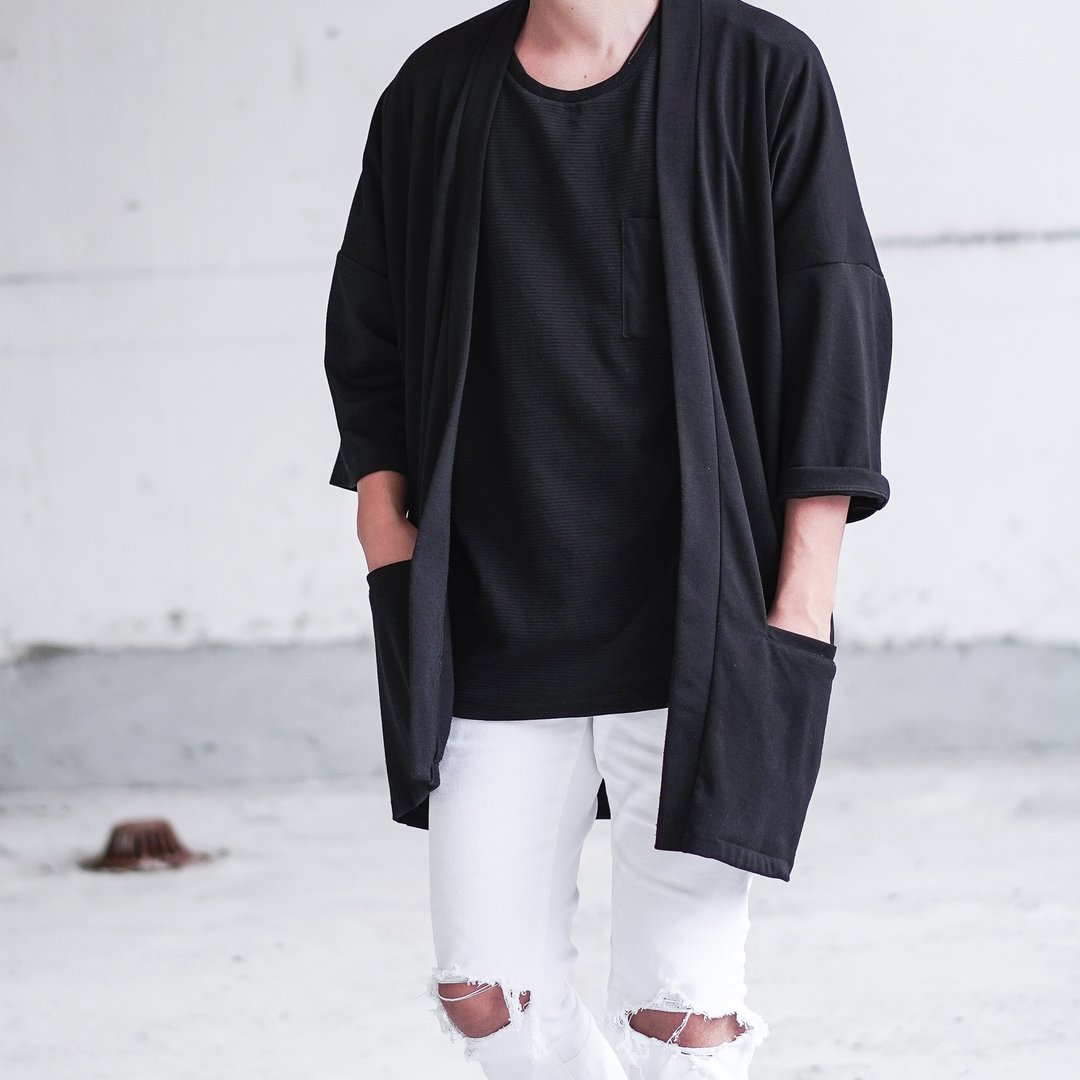 男款黑色宽松 Noragi 外套，日式和服开襟衫，均码浴衣 - 男装外套 - 聚酯纤维 黑色