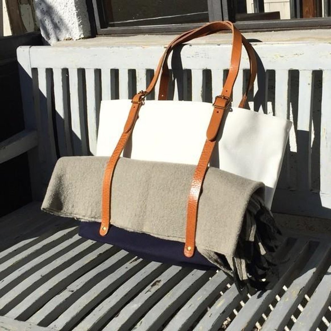 6 canvas and extreme thick oil tote tote bag L - size [White × Navy] - 手提包/手提袋 - 真皮 白色