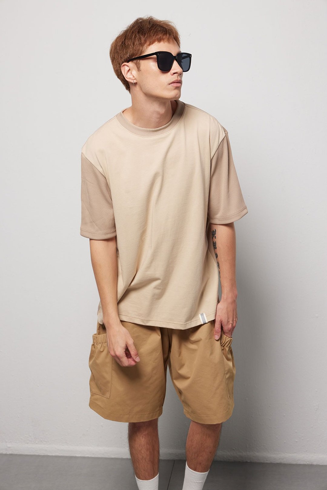 Stone as_ Stitching color tee / 卡其拼接对色T-shirt - 男装上衣/T 恤 - 棉 卡其色