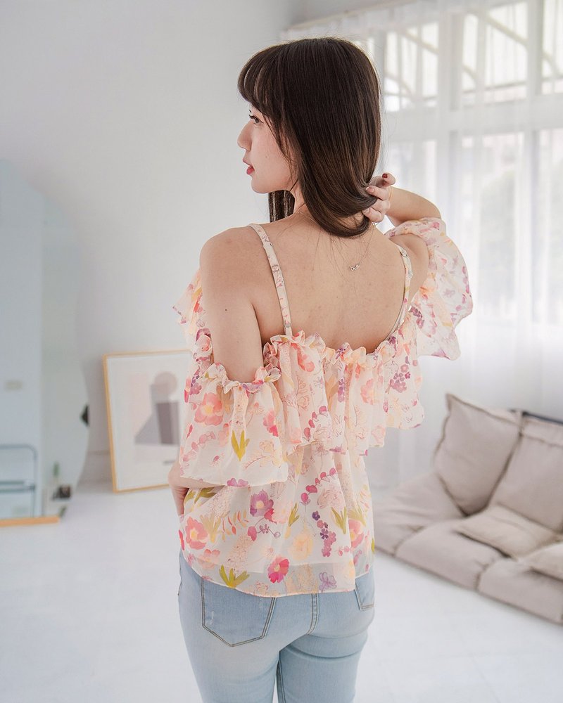 【英国伦敦】细肩带露肩荷叶女神上衣 小背心 柔软纱纱 月牙色 - 女装背心 - 棉．麻 橘色