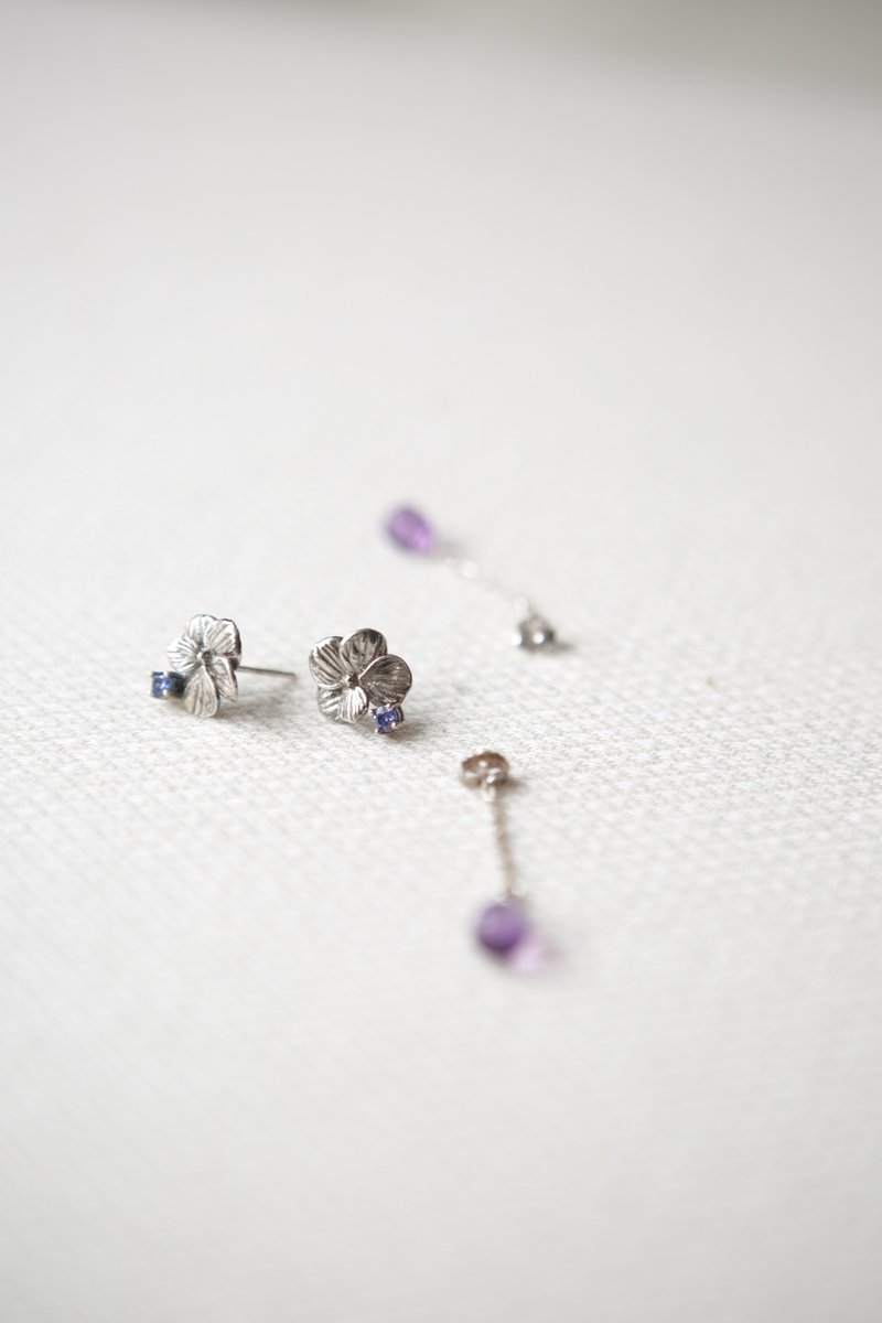纯银紫水晶绣球花耳环两种配戴 - 耳环/耳夹 - 纯银 紫色