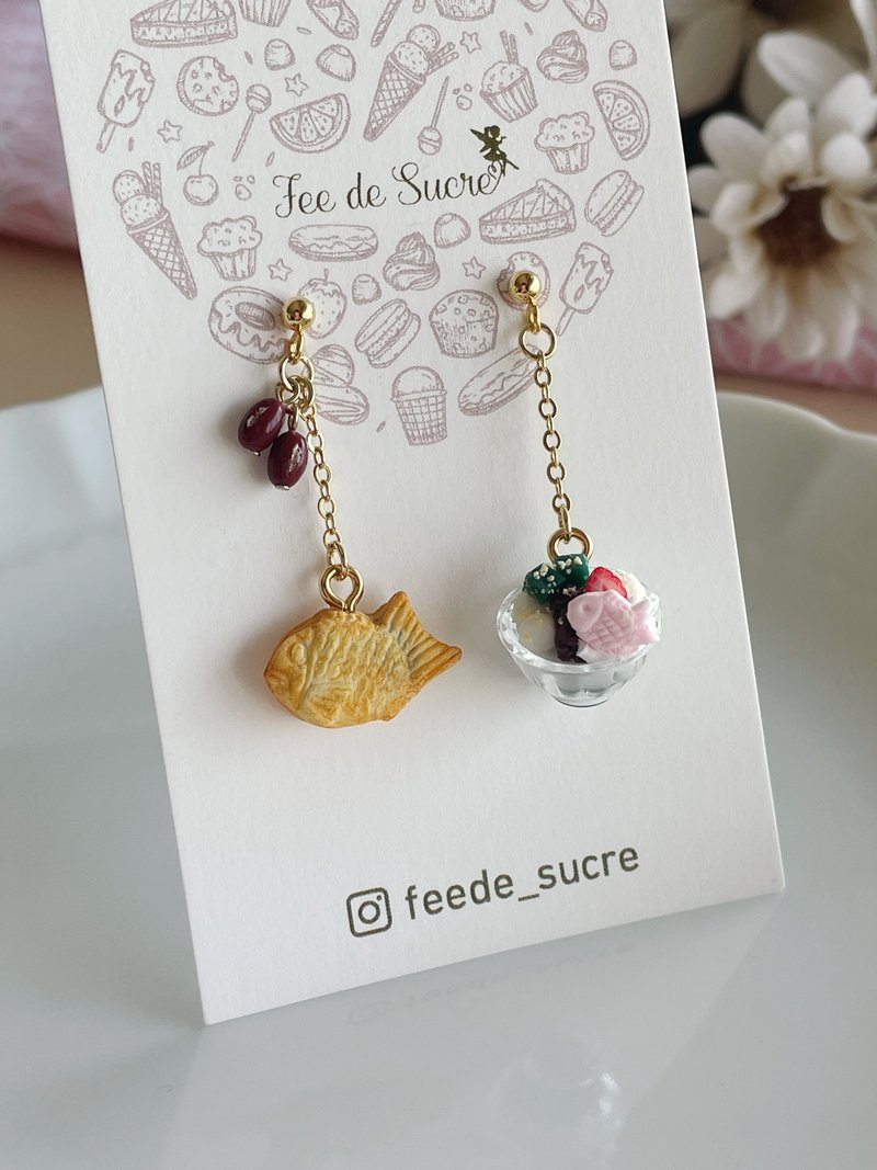 迷你鲷鱼烧和抹茶冻糕耳针 - 耳环/耳夹 - 粘土 