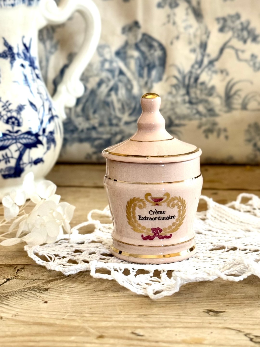 40388-迷人法国古董Elizabeth Arden 粉色陶瓷收纳罐 - 收纳用品 - 瓷 