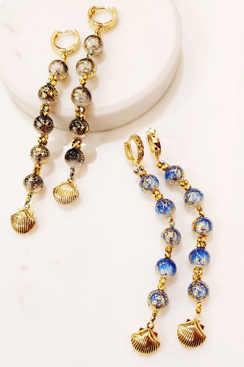 日本串珠耳环 / Beaded Linear Shell Drop Earrings - 耳环/耳夹 - 其他材质 黑色