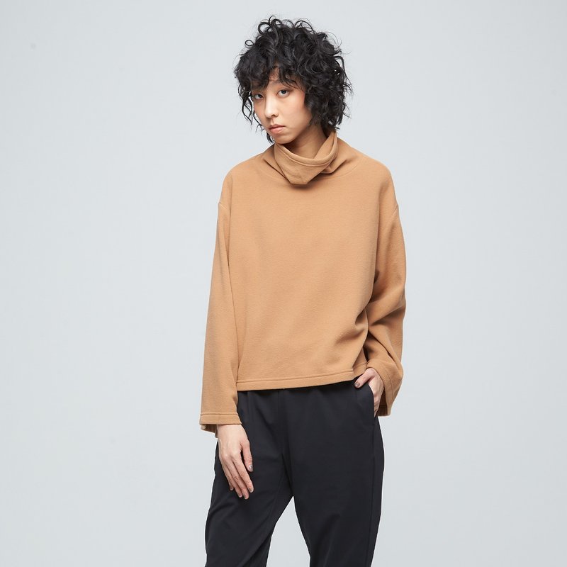 【限时5折】在台研发-高领宽袖短版上衣(女)-菸草棕 - 女装上衣 - 聚酯纤维 咖啡色