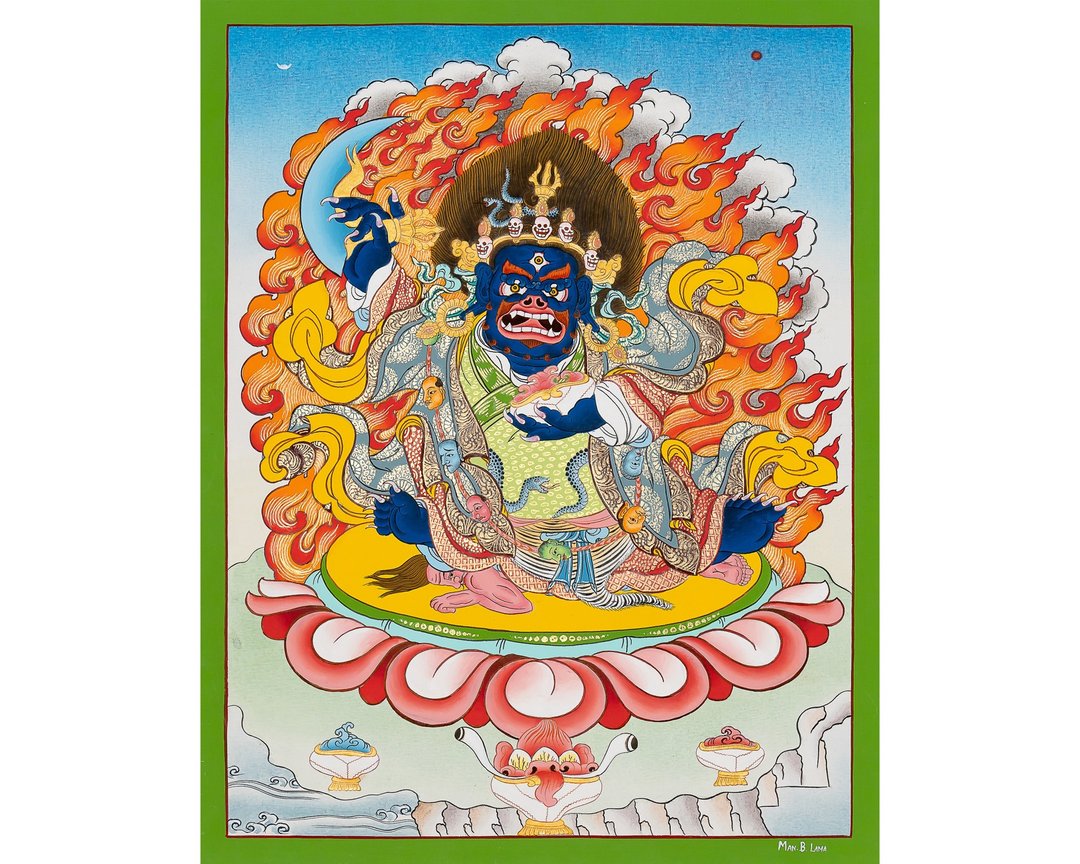 手工制作的双臂玛哈卡拉唐卡 - 真实的法护守护者 - 墙贴/壁贴 - 其他材质 多色