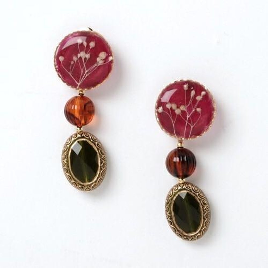 Braised grass piercing earring 1 / wine - 耳环/耳夹 - 植物．花 红色