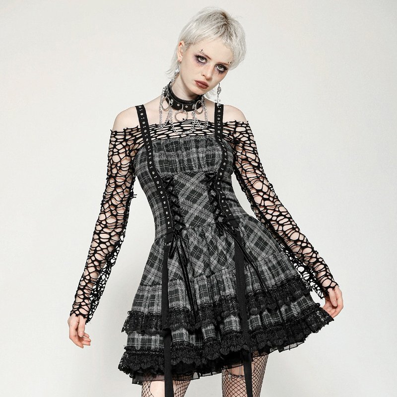 庞克铆钉织带格纹蕾丝花边细肩带蛋糕洋装DARK IN LOVE台湾DW1051 - 洋装/连衣裙 - 聚酯纤维 