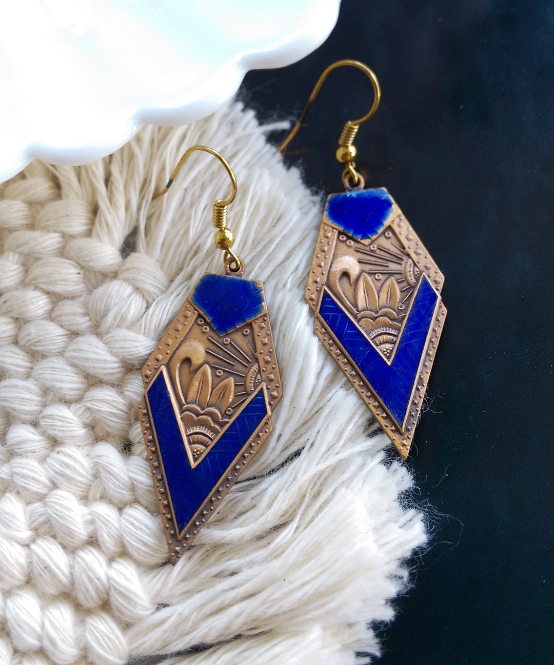 Vintage Jewelry TWO SISTERS 景泰蓝 浮雕蓝 耳勾 针式耳环 - 耳环/耳夹 - 其他金属 金色