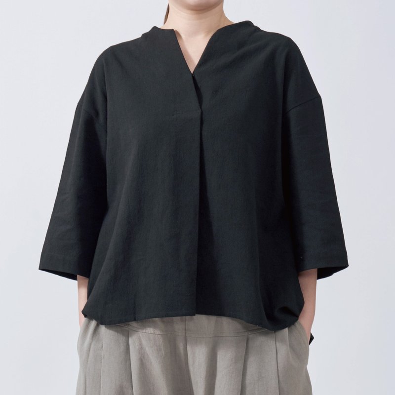 V领打折衫 天然棉麻 | 黑色 - 女装上衣 - 棉．麻 黑色