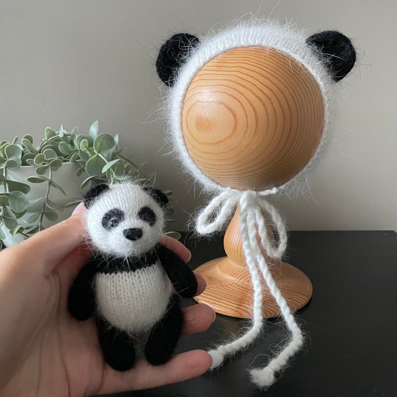 Newborn panda hat, Newborn bonnet, Panda photo props - 婴儿帽/发带 - 羊毛 白色
