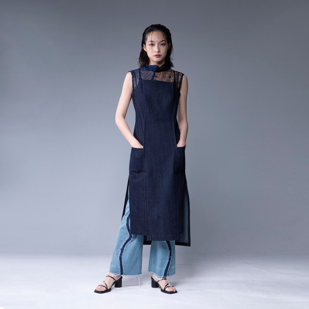 Aman No.71 细肩带平安符咒魔女洋3号 薄款深蓝牛仔弹性料 - 洋装/连衣裙 - 其他金属 
