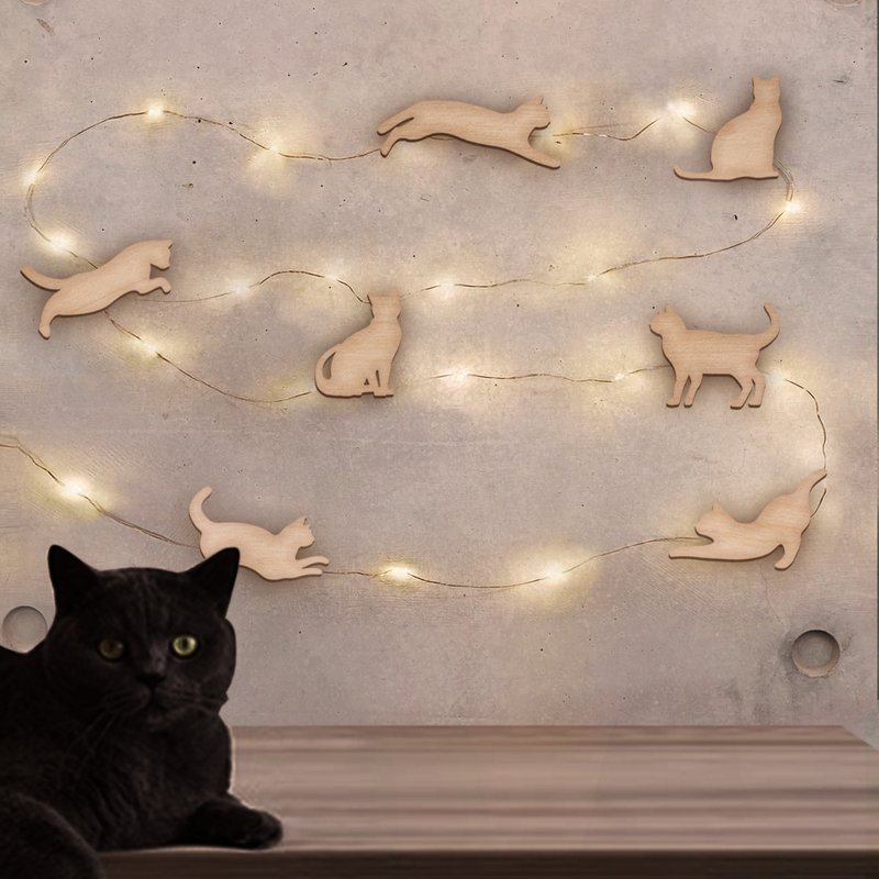 跳跃猫咪星空挂线灯+万用木卡片 - 灯具/灯饰 - 木头 卡其色
