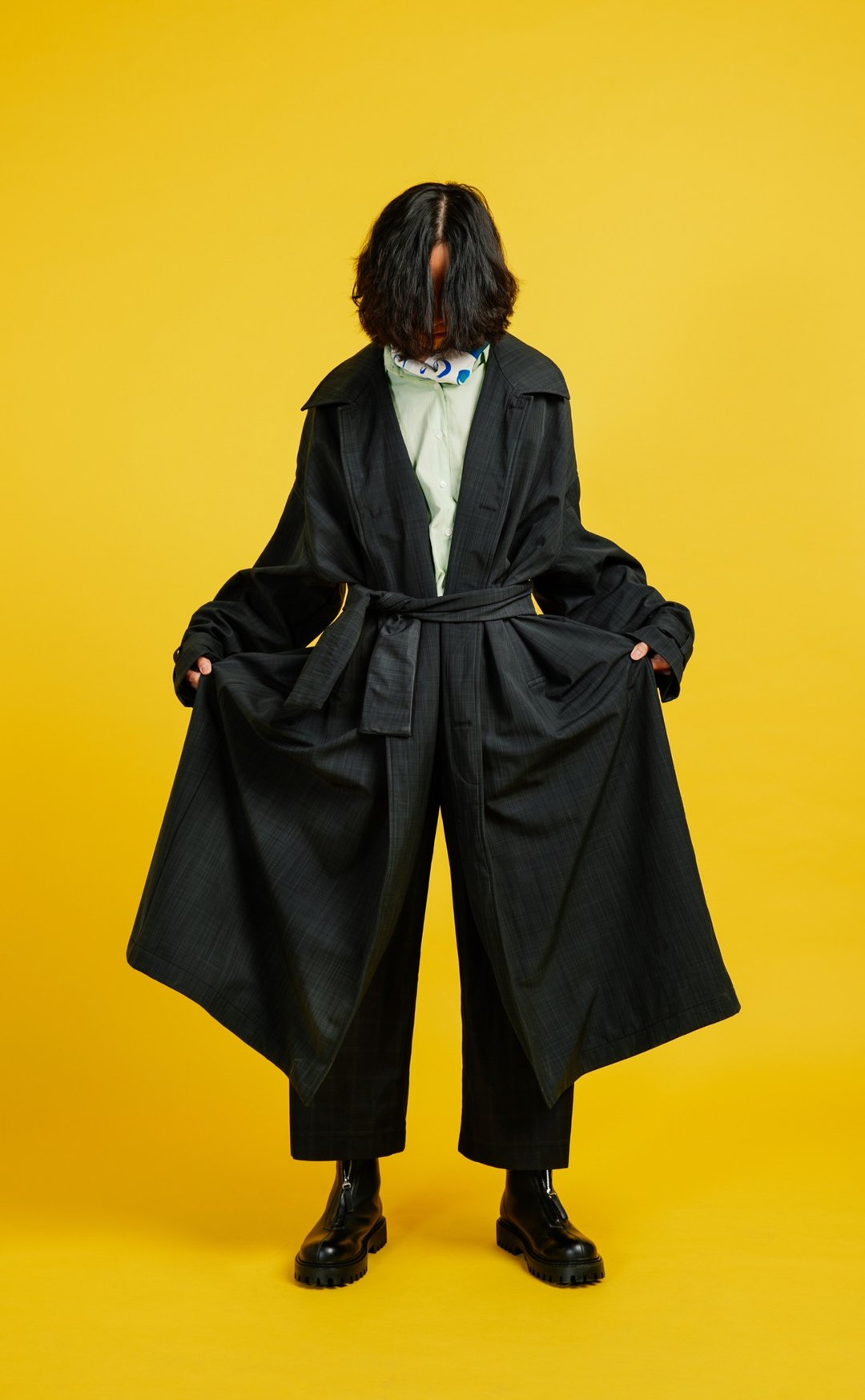 暗格长外套 Plaid Cloth Coat - 女装上衣 - 棉 黑色
