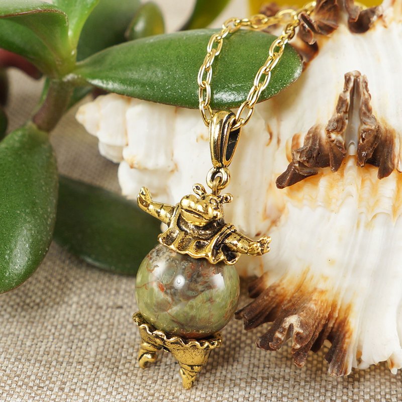 Cute Golden Dancing Hippo Olive Green Jasper Pendant Necklace Girl Woman Jewelry - 项链 - 半宝石 绿色