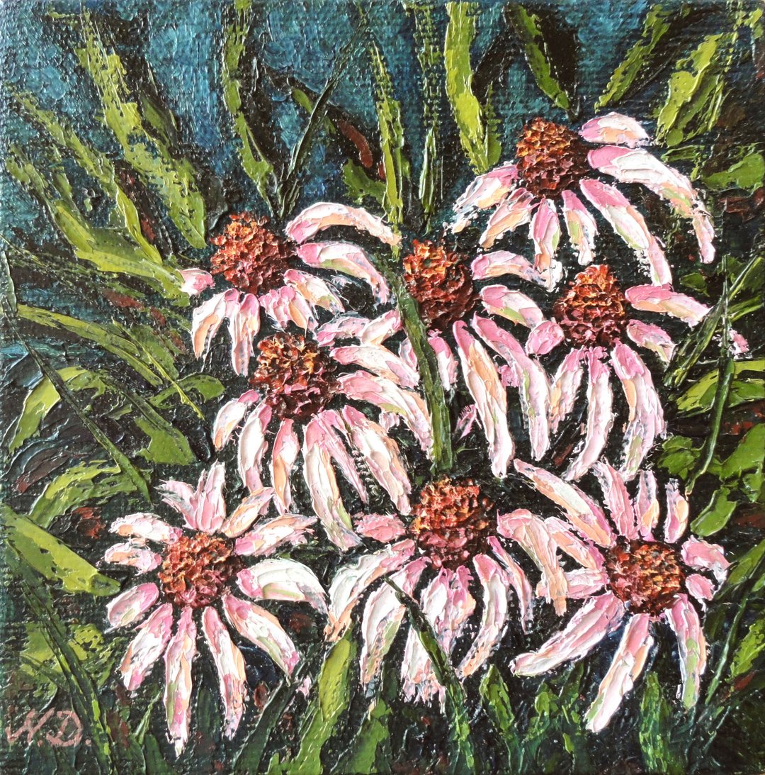 Echinacea Painting Original Art Oil Impasto Painting Flowers Artwork Small Art - 海报/装饰画/版画 - 其他材质 多色