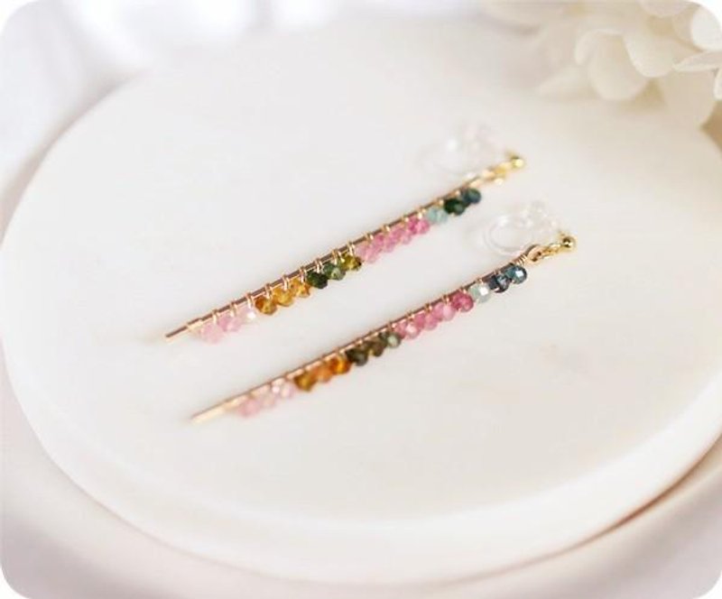 Springy colorful tourmaline bar earrings October birthstone - 耳环/耳夹 - 宝石 