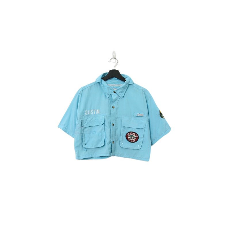 Back to Green-再制刺绣短板衬衫 苏打蓝 ds-24//vintage shirt - 女装衬衫 - 棉 