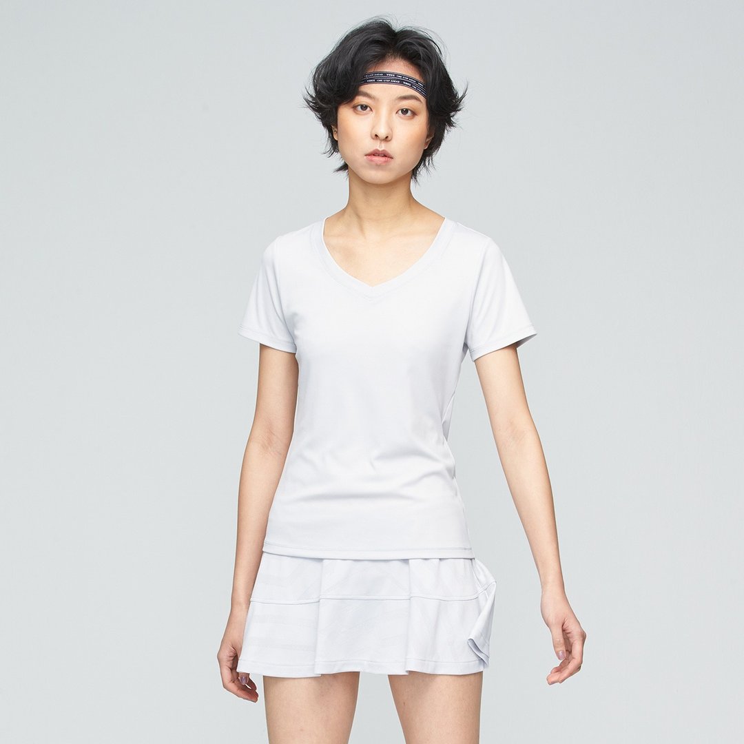 不可退换 /凉感V领修身上衣(女)-镜面灰 - 女装 T 恤 - 尼龙 白色