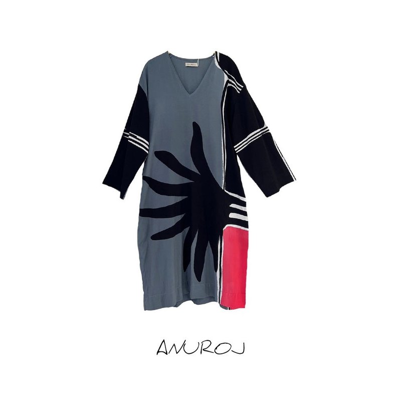 Dress V Nack Free Size Cotton Rayon Hand Paint - 洋装/连衣裙 - 棉．麻 灰色