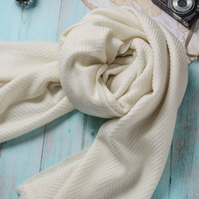【厚款】喀什米尔羊毛围巾/披肩  山形纹 米白 手工机织 - 围巾/披肩 - 羊毛 白色