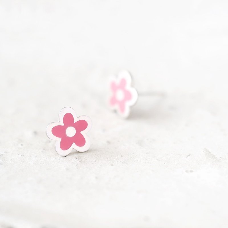 Pink Handwritten style Flower Earrings Silver925 - 耳环/耳夹 - 其他金属 粉红色