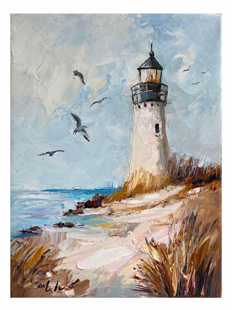 Original Oil Painting – Lighthouse on the Beach – Golden H - 墙贴/壁贴 - 其他金属 多色