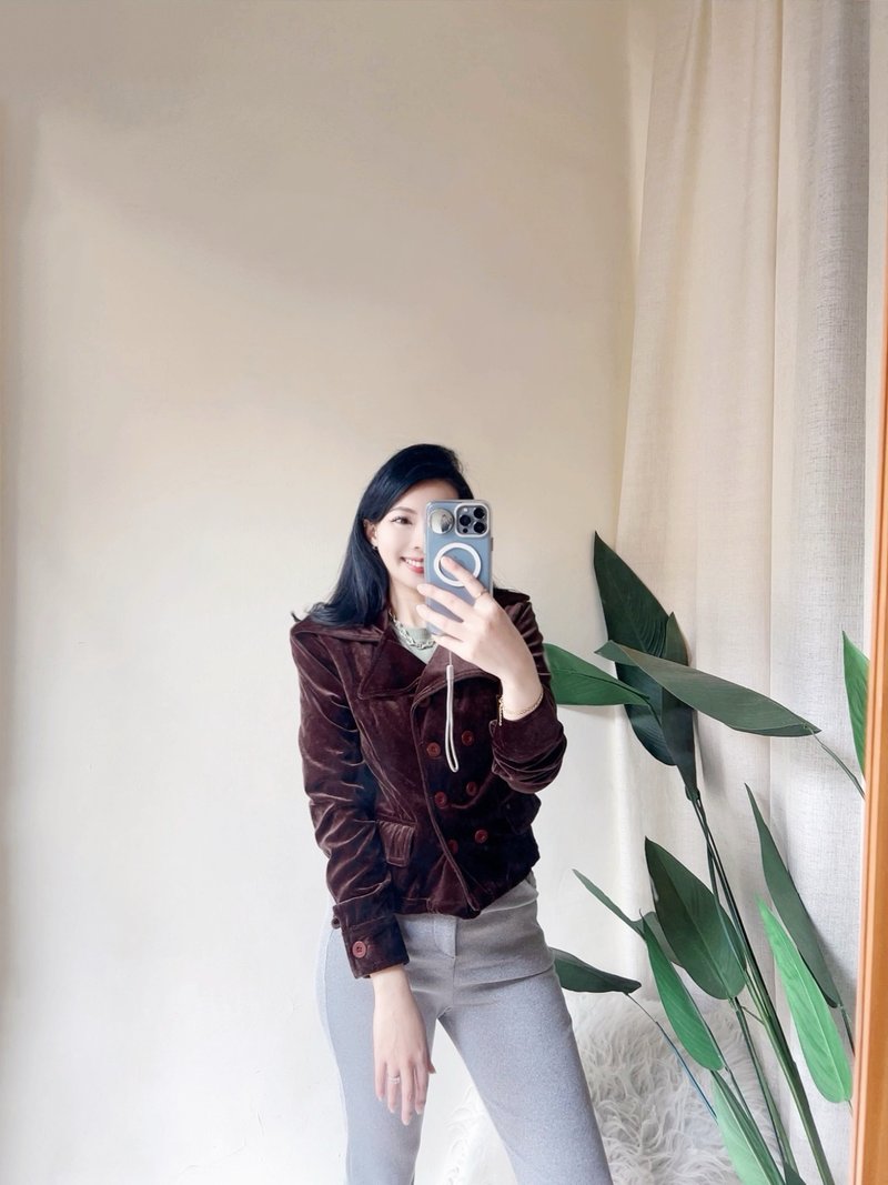 咖啡色金丝绒闪闪亮翻领 古董软质双排扣短版外套 jacket - 女装休闲/机能外套 - 聚酯纤维 咖啡色