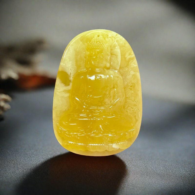 天然飘花蜜蜡阿弥陀佛挂牌 附公司保证卡 收藏级 避邪守护 本命佛 - 项链 - 半宝石 黄色